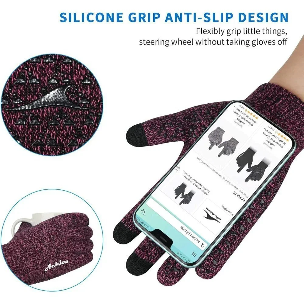 Women's Rose Red Upgraded Touch Screen Thermal Soft Knit Lining Winter Gloves